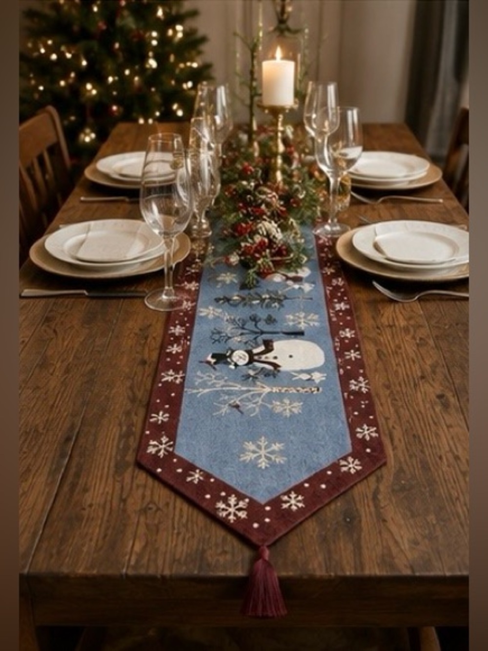 Snowman Christmas Table Runner 73” x 13” Winter Holiday Snowflake Tassel Decor
